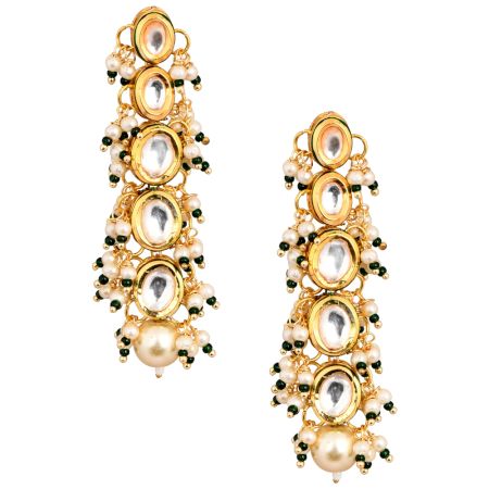 Oval Mirror Cascade Earrings with Pearl & Green Bead Clusters Pair
